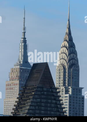 New York City, Chrysler Building and Empire State Building with Pyramid Building viewed from Ed Koch Queensborough Bridge Stock Photo
