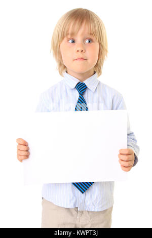little boy with card for text isolated on white Stock Photo