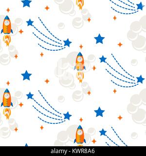 Space rocket cartoon seamless vector pattern. Stock Vector