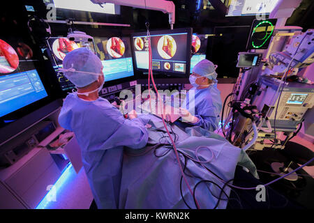 Professor Gero Strauss (L) performs a paranasal sinus surgery with the help of an operation software in an operating room in his clinic in Leipzig, Germany, 30 November 2017. With his co-worker the (Surgical Procedure Manager): A navigation system for an operation. For different operations the sofware plays the respective process step by step, a computerised voice announces the status of the operation. With this device operations are performed more standardised and in some cases even much faster as the surgical nurses know exactly which instrument will be needed next. Photo: Jan Woitas/dpa-Zen Stock Photo