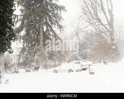 Chappaqua, NY, USA. 4th Jan, 2018. Winter storm Grayson, a bomb cyclone blizzard (named by meteorologists for a sharp atmospheric pressure drop) hit the East Coast with whiteout conditions, freezing cold temperatures, up to a foot of snow forecast as snowfall continues. New York Gov. Andrew Cuomo declared a state of emergency in Westchester County where wind gusts of 50 mph were recorded this morning. Snow day for schools and businesses closed due to the snowstorm. Hurricane force winds up to 80 mph are forecast as snow storm gets worse. Credit: © 2018 Marianne Campolongo/Alamy Live News. Stock Photo