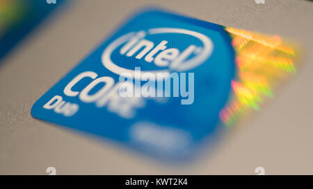 Potsdam, Germany. 5th Jan, 2018. The logo of computer processor manufacturer Intel is displayed on a computer in Potsdam, Germany, 5 January 2018. Intel is one of a series of manufacturers whose computer processors show a recently discovered security vulnerability. The security flaw allows hackers to skimm personal data on a broad front in billions of computers. Credit: Ralf Hirschberger/dpa/Ģ����ý Live News Stock Photo