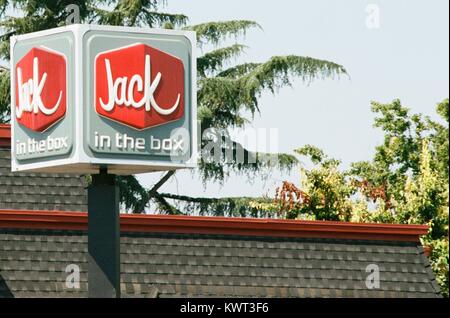 Close-up of signage with logo for Jack in the Box, a regional fast food restaurant in the Silicon Valley, Santa Clara, California, August 17, 2017. Stock Photo
