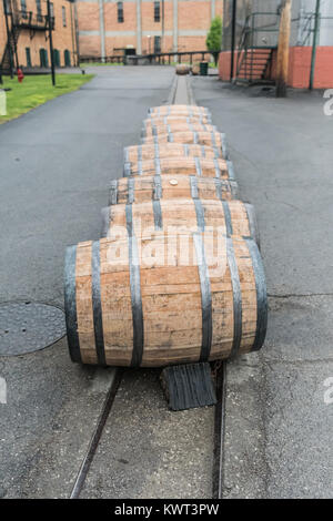Line of Bourbon Barrels in the Rain Rolling Down Track Stock Photo