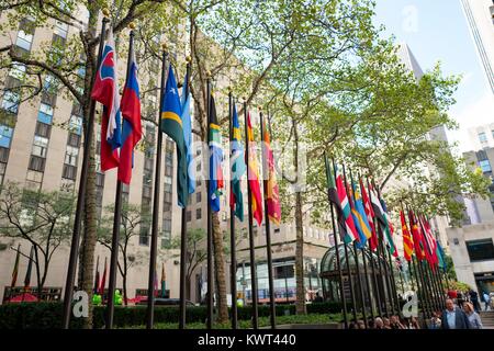 Flags of many countries in a line at Rockefeller Center in Manhattan, New York City, New York, September 15, 2017. () Stock Photo