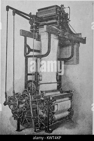 Engraved image of a Jacquard silk loom with a motor drive, and early example of industrial automation; Jacquard looms use the patterns punched on a card to automatically weave complex fabric designs, and were an inspiration for early punch card computers, 1918. Courtesy Internet Archive. Stock Photo