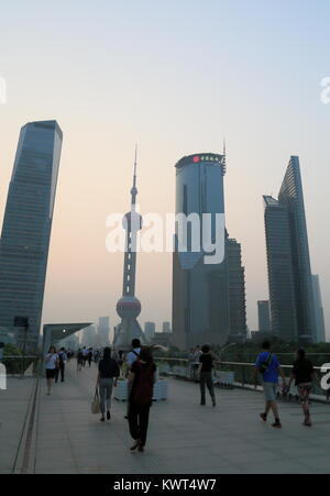 High angle night panorama of Shanghai Pudong skyline, Oriental Pearl Tower lit up Stock Photo
