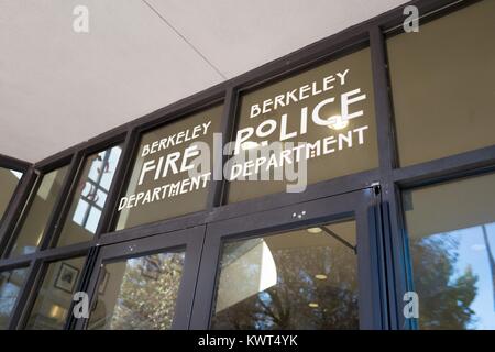 Sign above door on facade of the police station and fire station for the Berkeley Police and Berkeley Fire Department, at Martin Luther King Jr Civic Center Park in Berkeley, California, October 6, 2017. () Stock Photo