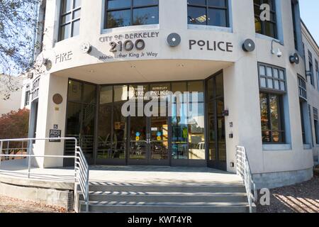 Facade of the police station and fire station for the Berkeley Police and Berkeley Fire Department, at Martin Luther King Jr Civic Center Park in Berkeley, California, October 6, 2017. () Stock Photo