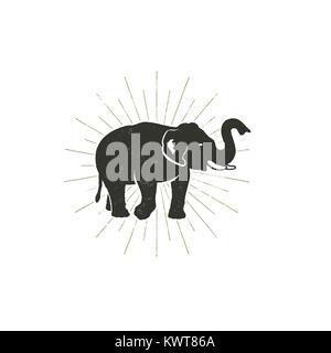 Elephant icon. Vintage hand drawn wild animal symbol. Monochrome retro design, style. With sun bursts. Stock vector pictogram isolated on white background Stock Vector