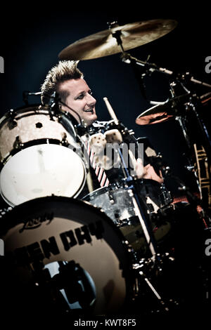 The American punk rock band Green Day performs a live concert at Forum in Copenhagen. Here lead drummer and musician Tré Cool (Frank Edwin Wright III) is pictured live on stage. Denmark 09/10 2009. Stock Photo