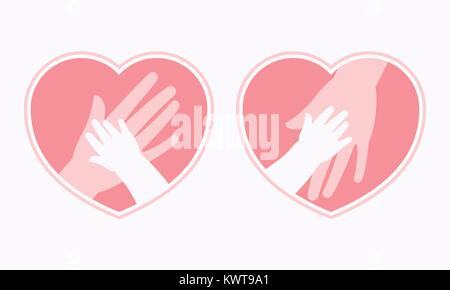 Big hand of mother holding small hand of baby inside heart shaped symbol and frame icon, logo, sign or symbol Stock Vector
