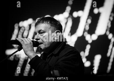 Electronic music pioner and composer Karl Bartos behind his keyboards at a live concert at Amager Bio in Copenhagen. 01/02 2014. Stock Photo