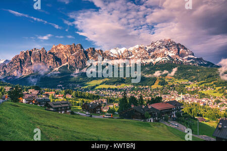 View of Cortina D'Ampezzo with Pomagagnon mount in the background, Dolomites, Italy, South Tyrol. Stock Photo