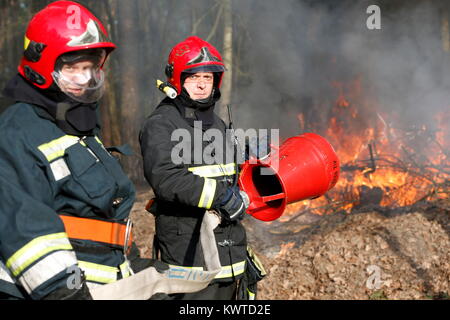 Belarus, Gomel city. Firefighting of the forest 06.04.2017.Firefighters preparing to extinguish forest fire.Extinguish the fire. Work firefighter. Fig Stock Photo