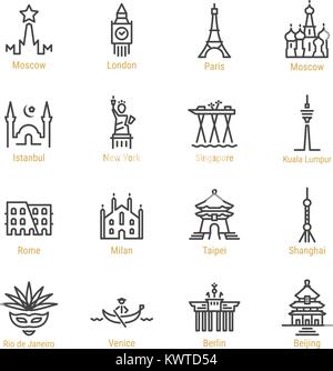 World Landmarks - Vector Line Icon Set - Part I Stock Vector