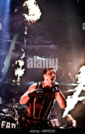 The German industrial metal band Rammstein performs a live concert at Forum in Copenhagen. Here the band’s characteristic vocalist Till Lindemann is pictured live on stage. Denmark 15/12 2009. Stock Photo