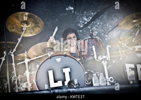 The German industrial metal band Rammstein performs a live concert at Copenhagen Live 2010 at Tiøren. Here the band’s drummer Christoph Schneider is pictured live on stage. Denmark 02/06 2010. Stock Photo