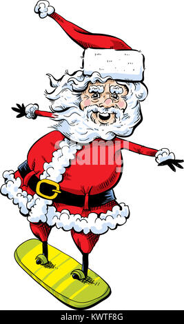 A cartoon Santa Claus balancing on a snowboard. Stock Photo