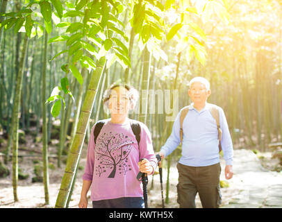 Senior Couple hiking in green bamboo forest  Stock Photo