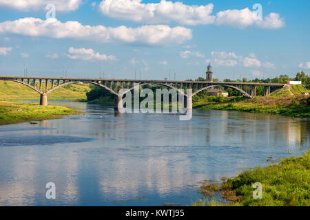 The view at the bridge across the Volga river in the town of Staritsa, Russia Stock Photo