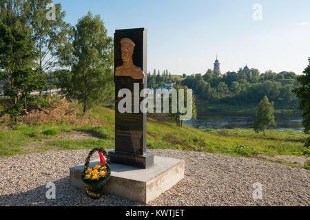 STARITSA, RUSSIA - AUGUST 13, 2017: stele in honor of the native of the Staritsa district, vice-admiral of the Russian fleet, hero of the Crimean War  Stock Photo