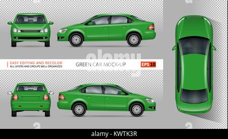 Green car vector mock-up for advertising, corporate identity. Isolated template of eco transport on transparent background. Vehicle branding mockup. Stock Vector