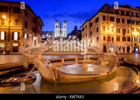 Fontana della Barcaccia and Spanish Steps at night, Piazza di Spagna, Rome, Lazio, Italy