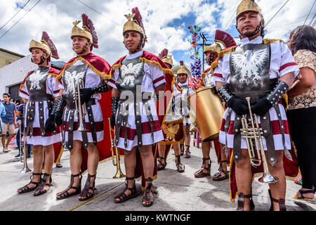 Antigua, Guatemala -  March 5, 2017: Roman soldiers in Lent procession in town with most famous Holy Week celebrations in Latin America Stock Photo