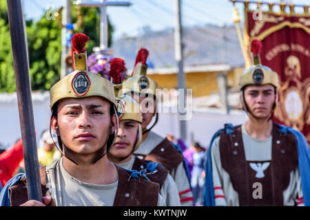 Antigua, Guatemala -  March 19, 2017: Roman soldiers in Lent procession in town with most famous Holy Week celebrations in Latin America Stock Photo