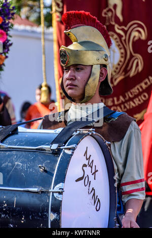 Antigua, Guatemala -  March 19, 2017: Roman soldier in Lent procession in town with most famous Holy Week celebrations in Latin America Stock Photo