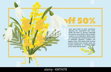 Modern typography with text sale. Hand drawn bouquet of snowdrops and mimosa Botanical vector illustration. Colorful flowers graphic design Good idea  Stock Vector