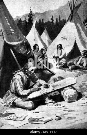 Sequoyah (also known as George Guess or Gist) holding the Cherokee ...