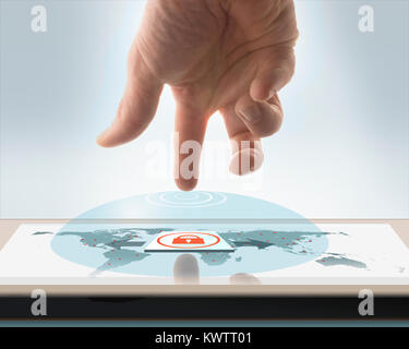 Hand is touching a Screen with Security Icon and a global map Stock Photo