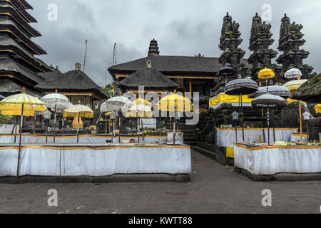 Pura Penataran Agung offering tables, Pura Besakih temple complex, Mount Agung, Bali, Indonesia Stock Photo