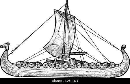 Viking ship illustration, drawing, engraving, ink, line art, vector Stock Vector