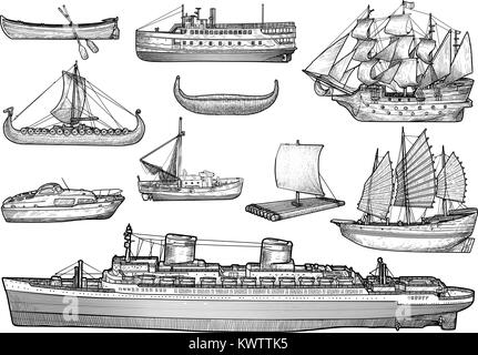 Ship, boat illustration, drawing, engraving, ink, line art, vector Stock Vector