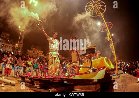 VARANASI, INDIA -  January 1, 2015: Ganges river and Varanasi ghats during Kumbh Mela festival late evening. Stock Photo