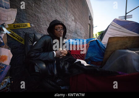 Robert Chambers, homeless man living in a tent on 6th Street in Downtown Los Angeles. Stock Photo