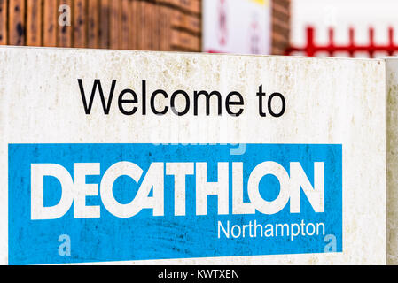 Northampton UK December 09, 2017: Decathlon Sports Gear and Equipment logo sign in Brackmills Industrial Estate. Stock Photo