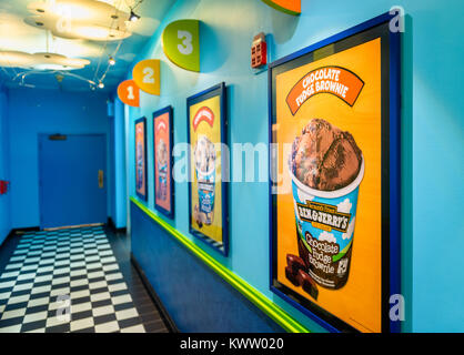 Corridor in Ben and Jerry's ice cream manufacturing headquarters in Waterbury, Vermont, USA. Ben & Jerry's manufactures ice cream and frozen yogurt. Stock Photo