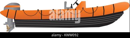A Vector Illustration of an Orange Grey and Black High Speed inflatable inshore rescue boat with a powerful outboard motor isolated on white Stock Vector