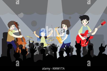 Musicians band ,Play guitar,bassist ,Piano,Saxophone .Jazz band.Vector illustration isolated on background in cartoon style Stock Vector