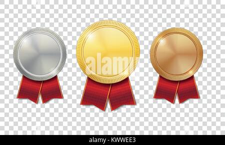 Gold, silver and bronze shiny medals with red ribbons isolated on transparent background. Champion Award Medals sport prize. Vector illustration Stock Vector