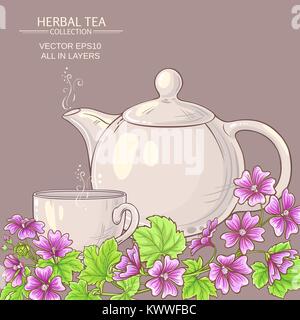 Cup of malva  tea with teapot on color background Stock Vector