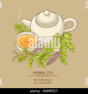 cup of licorice tea and teapot on color background Stock Vector