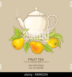 pear tea in teapot on color background Stock Vector