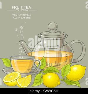 cup of lemon tea and teapot on color background Stock Vector