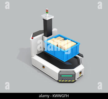 Self driving AGV (Automatic guided vehicle) with forklift isolated on gray background. 3D rendering image. Stock Photo