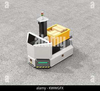 Self driving AGV (Automatic guided vehicle) with forklift on concrete ground. 3D rendering image. Stock Photo